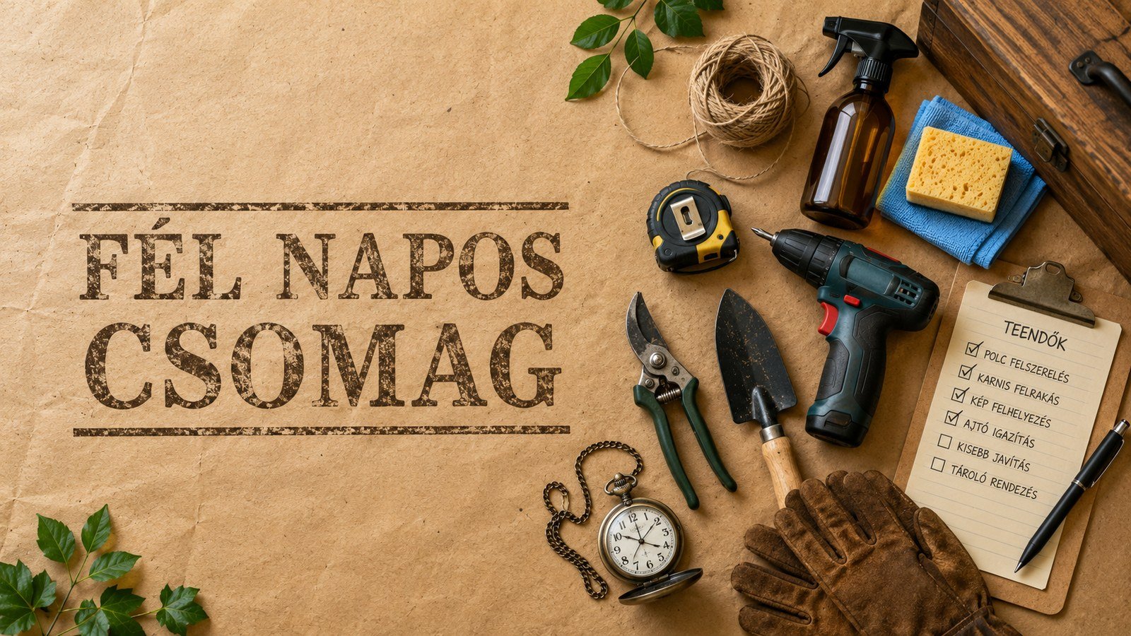 Fél napos mindenes csomag: kraft papírra pecsételt felirat, zsebóra, akkus fúró, takarítóeszközök, kerti szerszámok és teendők lista flat-lay kompozícióban