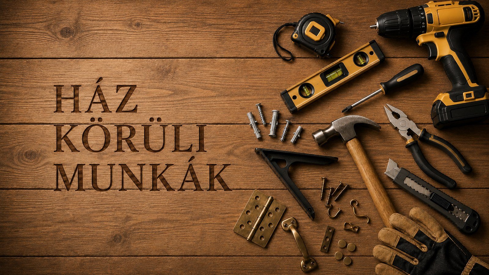 Ház körüli munkák: fába égetett felirat, akkus fúró, kalapács, vízmérték, csavarok és szerszámok flat-lay kompozícióban
