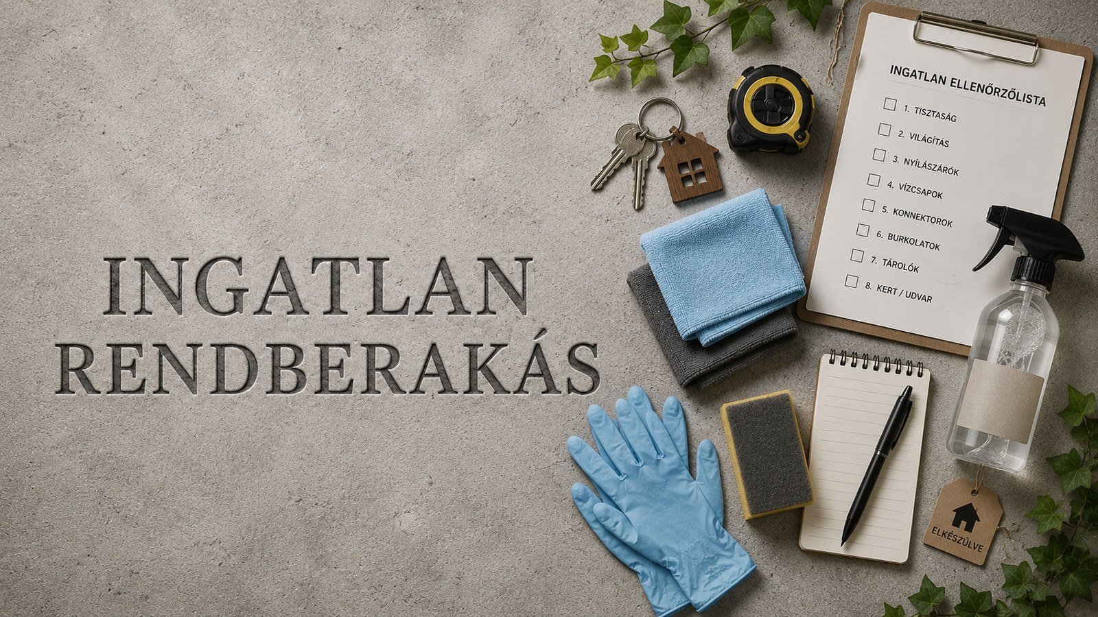 Ingatlan rendberakás: kőbe vésett felirat, ingatlan ellenőrzőlista, kulcsok házikó-medállal, takarítóeszközök és szerszámok flat-lay kompozícióban