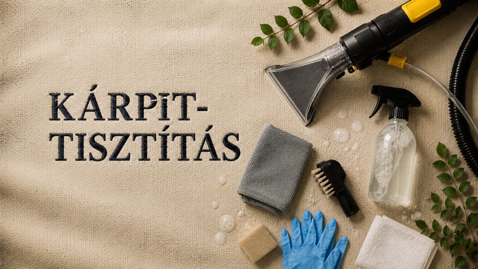 Kárpittisztítás: szövetbe hímzett felirat, Kärcher SE 5.100 spray-extraction fej, mikroszálas kendők, tisztító spray és kék kesztyű flat-lay kompozícióban